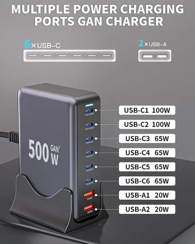 Miniatura 3 de Bloque de cargador USB C de 500 W, estación de carga GaN3, bloque de cargador USB rápido de 8 puertos, doble 100 W PD USBC, estación de carga
