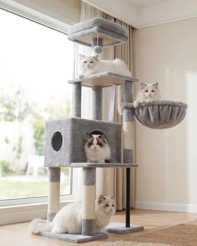 Miniatura 10 de Heybly Poste rascador para gatos, torre de árbol pequeño para gatos con 3 postes de sisal completos, cama de felpa extraíble, cepillo de aseo
