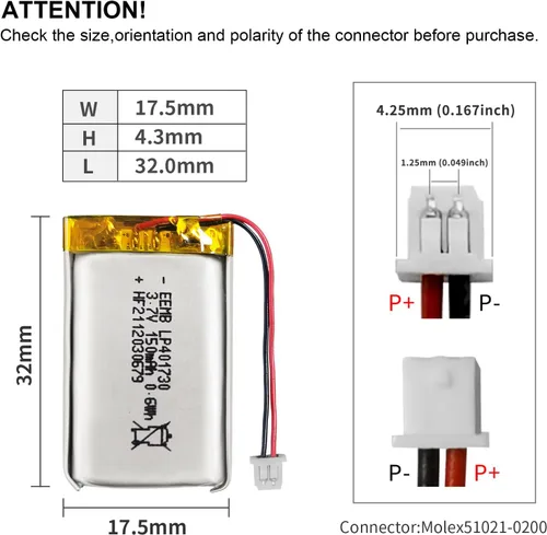 Miniatura 3 de EEMB Paquete de 4 baterías de polímero de litio 3.7 V 150 mAh 401730 Lipo batería recargable con conector Molex de cable para altavoz y dispositivo