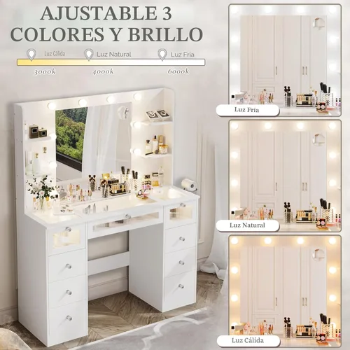Miniatura 3 de Tocador blanco con espejo iluminado de 23.5 pulgadas, escritorio de tocador con parte superior de vidrio con 9 cajones y bombillas Hollywood de 3