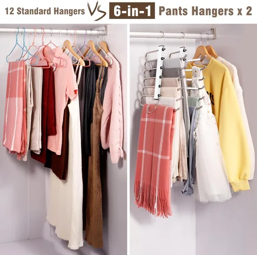 Miniatura 6 de Paquete de 6 perchas para pantalones de 6 niveles que ahorran espacio, paquete de 2 unidades negras y 4 unidades blancas, estante multifuncional