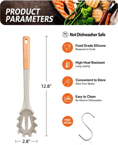 Miniatura 2 de Tenedor de silicona para pasta, servidor de cuchara de fideos resistente al calor, colador de espagueti sin BPA, 12.8 pulgadas (caqui)