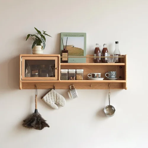 Armario de pared 100% madera maciza, armario de pared de 39.4 pulgadas con puertas de vidrio templado y estantes ajustables y 5 ganchos, armario de