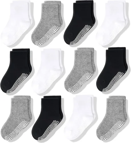 CozyWay - Medias antideslizantes para niños con agarre, 12 pares de calcetines antideslizantes para niños y niñas de 1 a 9 años, Variados, 3-5T