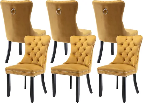 Miniatura 59 de Juego de 4 sillas de comedor de terciopelo, sillas de comedor tapizadas con ribete de cabeza de clavo, patas de madera, anillo de tracción, sillas