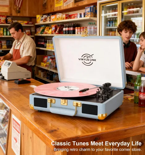 Miniatura 2 de VINYLSLINK Reproductor de discos de vinilo con Bluetooth, tocadiscos portátil de 3 velocidades con control de agudos y graves, altavoces estéreo Azul