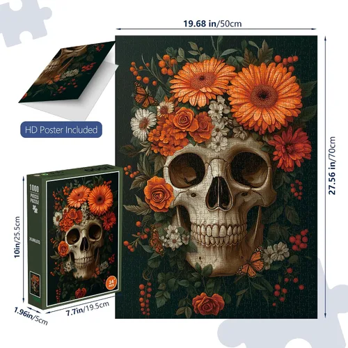 Miniatura 2 de Rompecabezas vintage de esqueleto floral de 1000 piezas para adultos – Desafiante arte de esqueleto oscuro de Halloween, acabado mate premium, 27.56