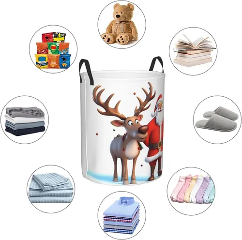 Miniatura 6 de Cesta circular con estampado de ciervos de Sant Claus, impermeable, cesta organizadora de lavandería, con asas, para ropa, juguetes, pequeña