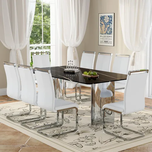 Miniatura 17 de Moderno juego de mesa de comedor para 6, 7 piezas, mesa rectangular de mármol sintético de 71 pulgadas con base de acero inoxidable plateado