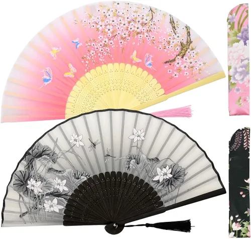 Miniatura 13 de Abanicos de mano plegables pequeños para mujer, 2 abanicos chinos japoneses de seda de bambú vintage, para baile, festival de música, boda, fiesta