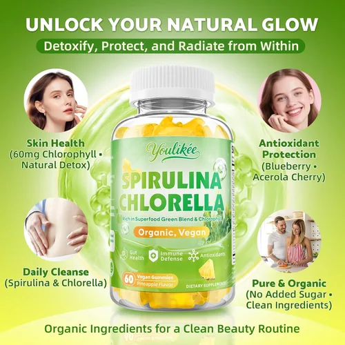 Miniatura 4 de Gomitas orgánicas de Spirulina Chlorella, mezcla de súper verduras con proteínas, clorofila, vitamina C, D3, B12, zinc, apoyan la energía diaria
