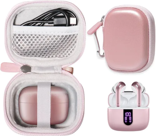 Funda para auriculares Bluetooth TAGRY X08 True Wireless Earbuds 60H, bolsillo de malla para cable de carga (oro rosa)