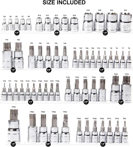 Miniatura 2 de CASOMAN Master Torx Bit Socket y Torx externo juego de 60 piezas, acero S2 y Cr-V, E4-E24, T6-T70, TT6-TT70, TP8-TP60