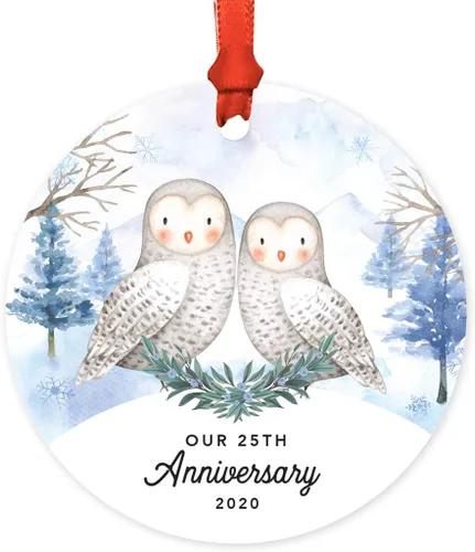 Miniatura 48 de Andaz Press Adorno redondo de recuerdo de Navidad, nuestro 10 aniversario 2025, búhos de nieve de invierno en acuarela, 1 paquete, incluye cinta