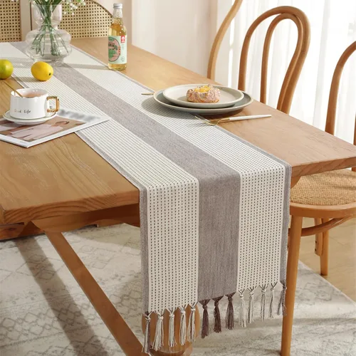 Miniatura 4 de Hsvanyr Camino de mesa gris rústico rectangular con exquisita borla para cocina, comedor, picnic, mesa de café, 13 x 63 pulgadas, a prueba de polvo