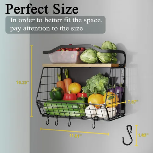 Miniatura 4 de Mefirt Estante Magnético para Refrigerador con Tapa de Madera, Cesta de Frutas Resistente, Contenedores de Almacenamiento de Frutas, Papas