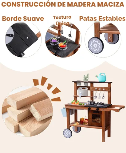 Miniatura 4 de ROBUD Cocina de barro para niños al aire libre con ruedas, cocina de madera al aire libre, cocina de barro para niños con fregadero y grifo