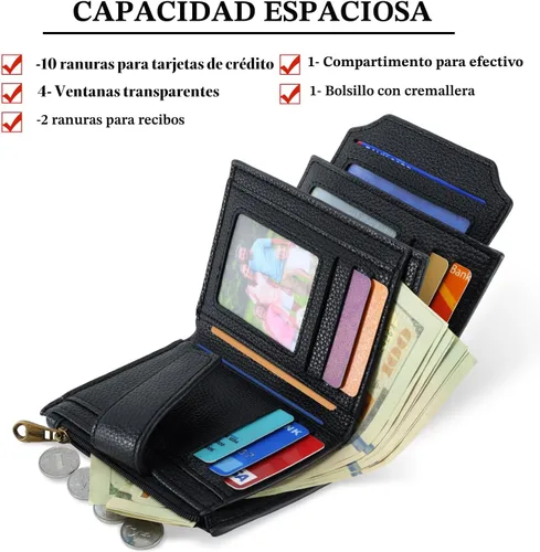 Miniatura 2 de Airkit Cartera para mujer, pequeña cartera de cuero para mujer, plegable, compacta, con bloqueo RFID, tarjetero de crédito, mini bolso de viaje