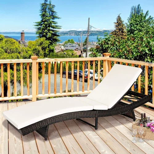 Miniatura 4 de Tangkula Tumbona para exteriores, silla de ratán para patio con cojín grueso extraíble, 5 niveles ajustables, silla de mimbre reclinable de ocio