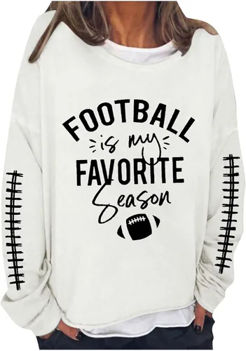 Football is My Favorite Season Women's T-Shirt Casual Long Sleeve Fall Tops Trendy Letter Printed Round Neck Shirts
