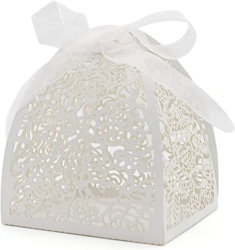 KPOSIYA - 70 Cajas para dulces, cortadas con láser, 2.5 x 2.5 x 3.1 pulgadas, cajas de regalo para despedidas de soltera, cumpleaños o boda Blanco
