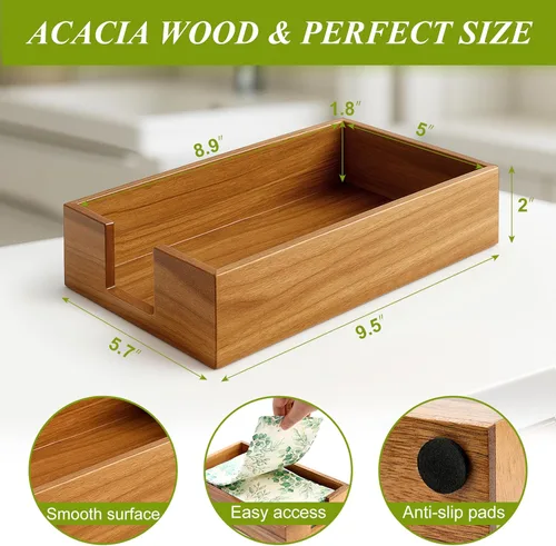 Miniatura 4 de Toallero de madera de acacia para servilletas de baño, bandeja de toalla de mano, soporte plano para servilletas de cóctel para mesa de cocina
