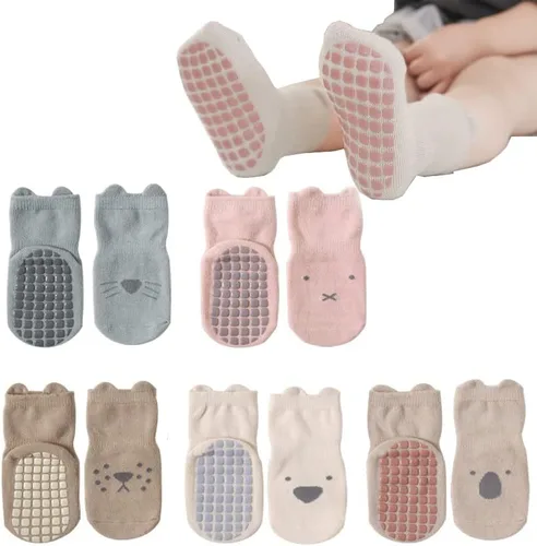Tatibana Calcetines antideslizantes para bebé, 5 pares de calcetines antideslizantes para niños pequeños, calcetines de dibujos animados para bebés