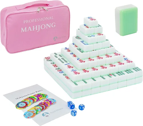 Juego de mahjong chino, 144 azulejos grandes de melamina Mahjong (1.57 pulgadas, verde) con 4 dados, 80 fichas de póquer y una bolsa de