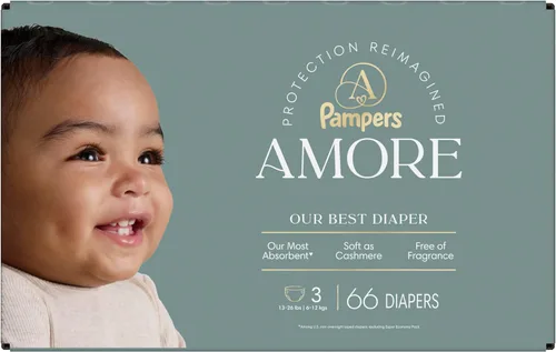 Miniatura 14 de Pampers Amore, tamaño 3 (13-26 libras), 66 unidades, nuestro mejor pañal, hipoalergénico y sin fragancia, hasta 100% a prueba de fugas, suave como