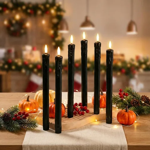 Miniatura 7 de Eywamage Velas cónicas sin llama de cera negra con control remoto, velas LED parpadeantes de cera que funcionan con pilas, juego de 6