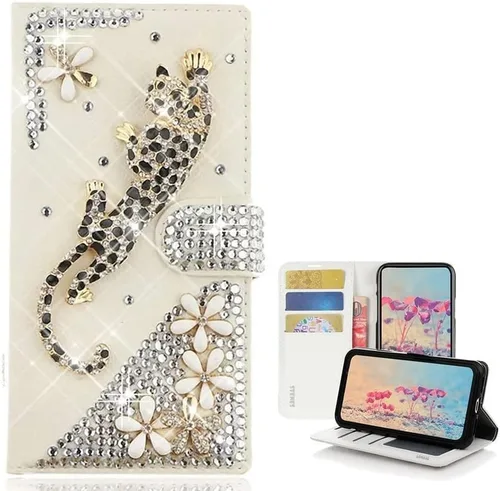 Miniatura 12 de Bling Wallet - Funda de piel compatible con iPhone 15, elegante, hecha a mano en 3D, diseño floral, diseño floral, para niñas y mujeres, con correa