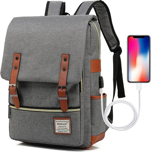 Miniatura 9 de UGRACE - Mochila vintage para portátil con puerto de carga USB, elegante mochila de viaje resistente al agua, mochilas casuales para hombres y Negro