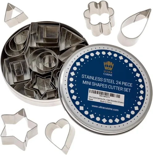 Ultra Cuisine Juego de Mini Cortadores de Galletas con Formas - 24 Moldes Pequeños para Cortar Masa de Pastel y Frutas - Cortadores Duraderos de