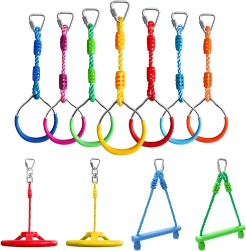 Craft Ninja Warrior - Accesorios para carreras de obstáculos para niños, juego al aire libre, 7 anillos, 2 ruedas de trapecio oscilantes y 2 barras