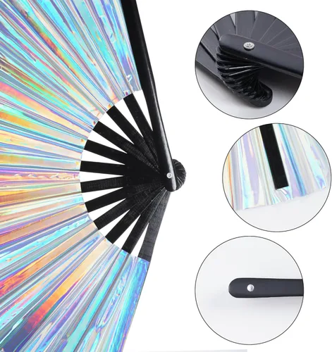 Miniatura 3 de SUMERSHA 1 ventilador holográfico grande para rave, ventilador de mano plegable, gran ventilador iridiscente de mano para club nocturno, festival
