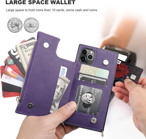Miniatura 4 de Bocasal Funda tipo cartera cruzada para iPhone 11 Pro con tarjetero, protector de ranura para tarjetas con cremallera, a prueba de golpes