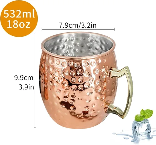 Miniatura 6 de Moscow Mule - Juego de 4 tazas de cobre chapadas de 18 onzas con asa, tazas grandes de acero inoxidable martillado con doble jigger de 0.5 onzas