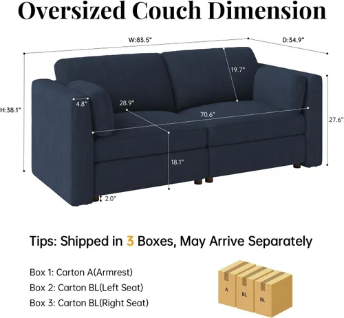 Miniatura 2 de Sofá biplaza extragrande de 83.5 pulgadas, sofás para sala de estar, sofá nube de felpilla de asiento profundo, sofá modular seccional, funda