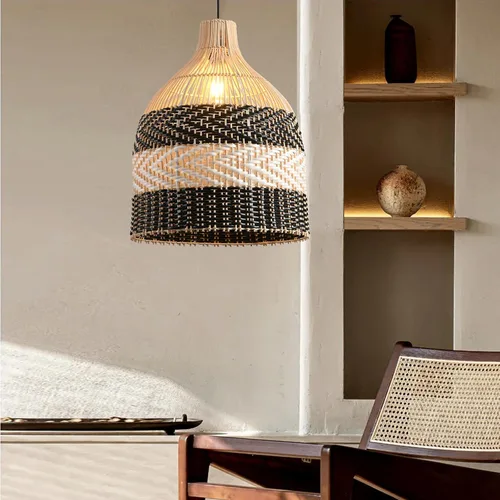 Miniatura 7 de Lámpara Colgante de Ratán 1 Paquete Candelabro de Cesta de Ratán Sintético Negro Blanco 11.8" Boho Tejido a Mano Ovalado de Mimbre Lámpara Colgante