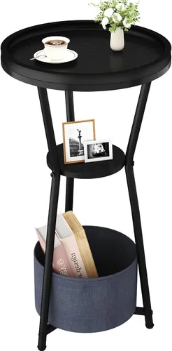 Yusong Mesa auxiliar redonda, mesa pequeña para bebidas para espacios pequeños, mesa auxiliar industrial de 3 niveles, mesita de noche decorativa