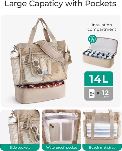 Miniatura 4 de BAGSMART Bolsa de playa para mujeres, bolsas de malla tipo tote con cremallera, esenciales de vacaciones a prueba de arena con enfriador