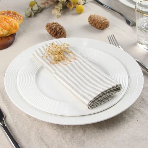 Miniatura 4 de Juego de 12 servilletas de tela de lino y algodón a rayas lisas, para eventos y uso doméstico (beige)