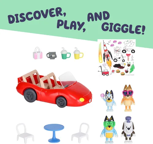 Miniatura 6 de Bluey Figura (2.5 pulgadas) y juego de vehículo convertible de escape, robusto auto de juguete para niños con 4 accesorios y calcomanías, juguetes