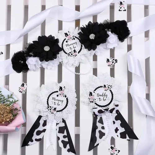 Miniatura 4 de Faja para baby shower de vaca, kit de banda de maternidad con texto en inglés "Mom to Be Dad" (mamá para ser papá), alfileres de ramillete
