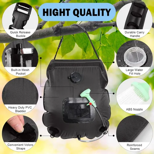 Miniatura 3 de Bolsa de ducha solar Bolsa de ducha solar de 5 galones/20L de calefacción solar Manguera extraíble Cabezal de ducha intercambiable
