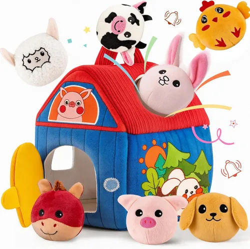 SAIMAND Juguetes para bebés de 6 a 12 meses, granero con animales de granja de peluche, juguete Montessori para bebés, juguetes sensoriales para