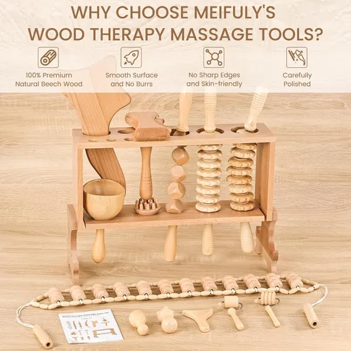 Miniatura 8 de Meifuly Herramientas de masaje de terapia de madera 13 en 1 con estante de almacenamiento de lujo, kit completo de masajeador de madera