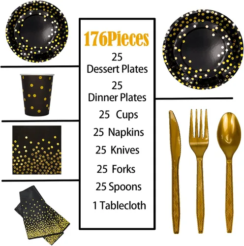 Miniatura 3 de Juego de vajilla desechable dorada de 176 piezas y vajilla de fiesta desechable con lunares dorados, platos de papel negro, servilletas, vasos