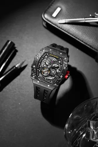 Miniatura 8 de TSAR BOMBA Reloj para hombre, reloj automático impermeable de 164.0 ft, esqueleto mecánico Tonneau con esfera de cara grande, reloj negro