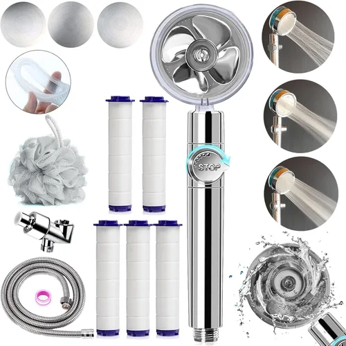 Miniatura 6 de Cabezal de ducha de mano turbocargado, cabezal de ducha de mano de alta presión con ahorro de agua con filtros, interruptor de pausa, Hydro Jet Gris